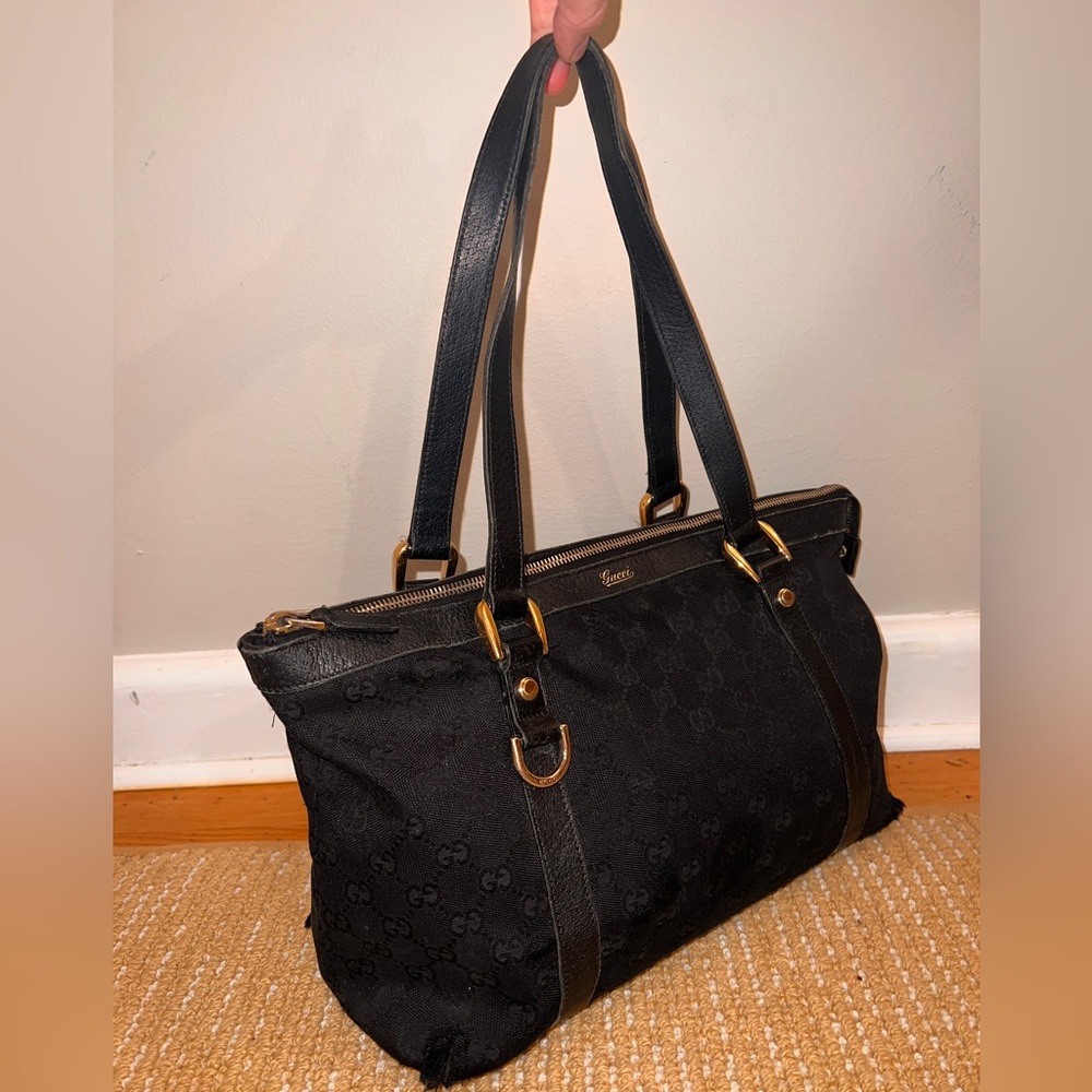 Vintage Gucci Black Jolicoeur Monogrammed Handbag Tote Bag - Picture 2 of 13